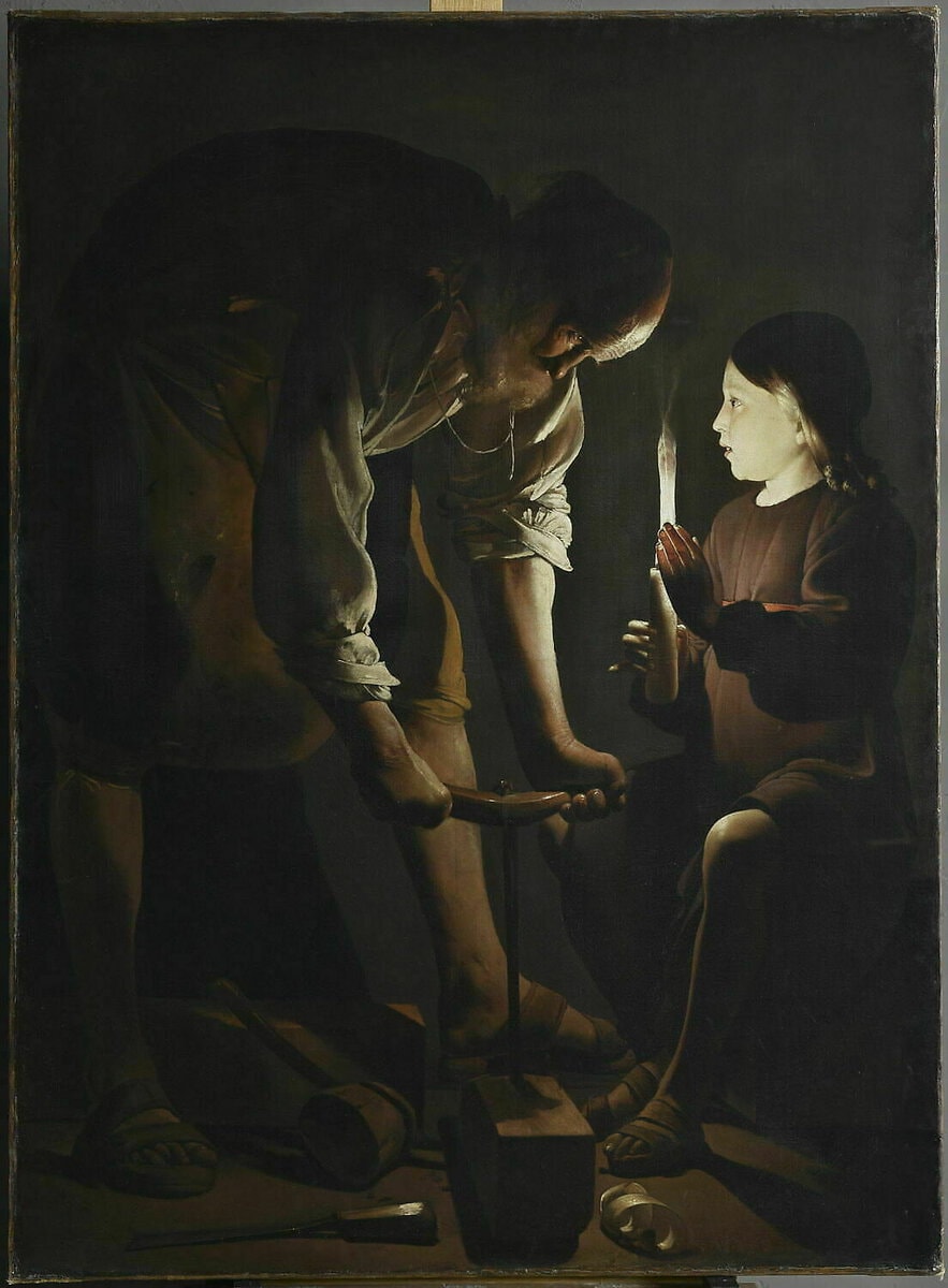 Georges de La Tour'un Marangoz Aziz Yusuf tablosu, mum tutan çocuk İsa ve çalışan Yusuf, 1642-1644
