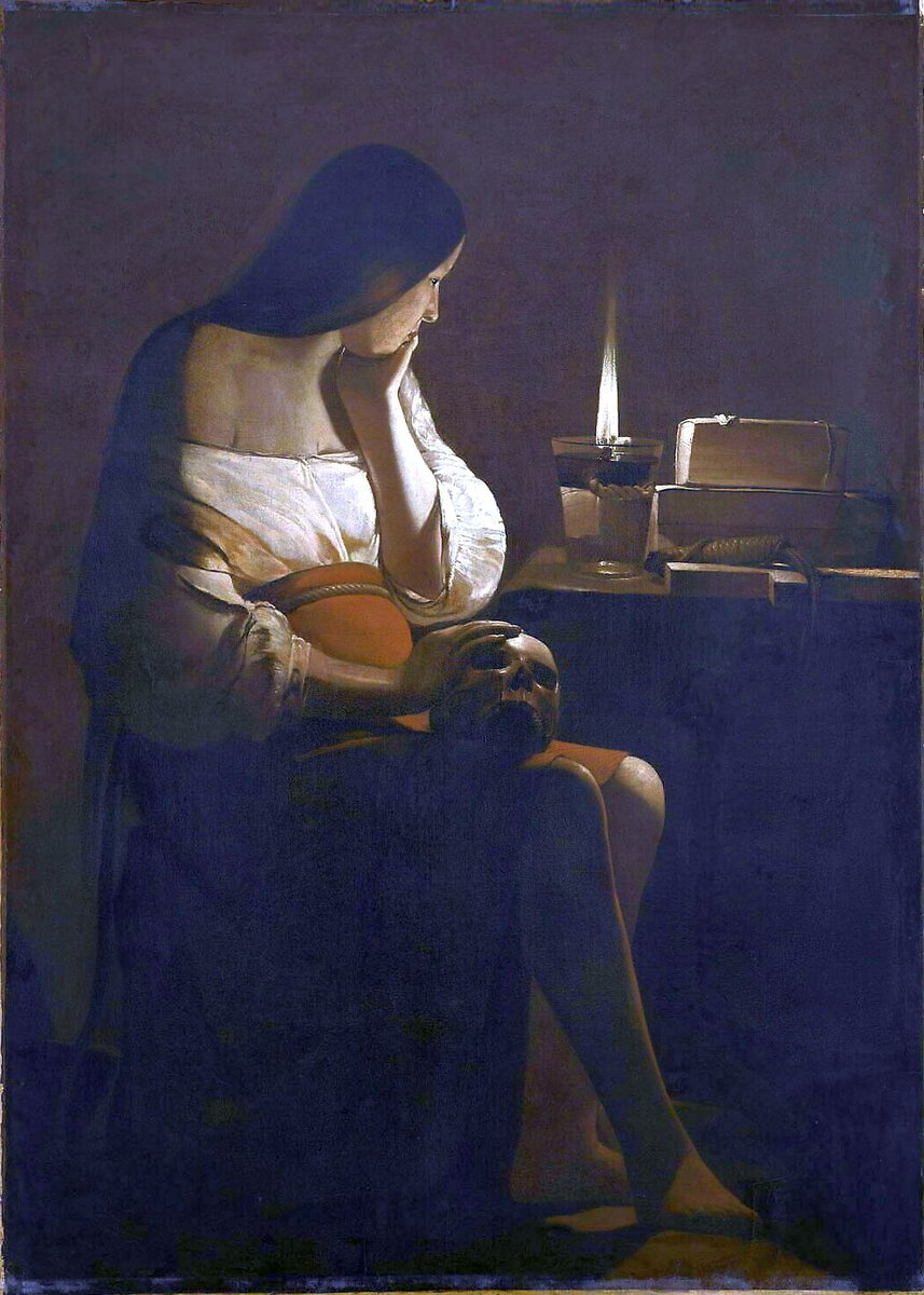 Georges de La Tour'un Kandilli Magdalena tablosu, kucağında kafatası ile kandile bakan kadın, yaklaşık 1642-1644