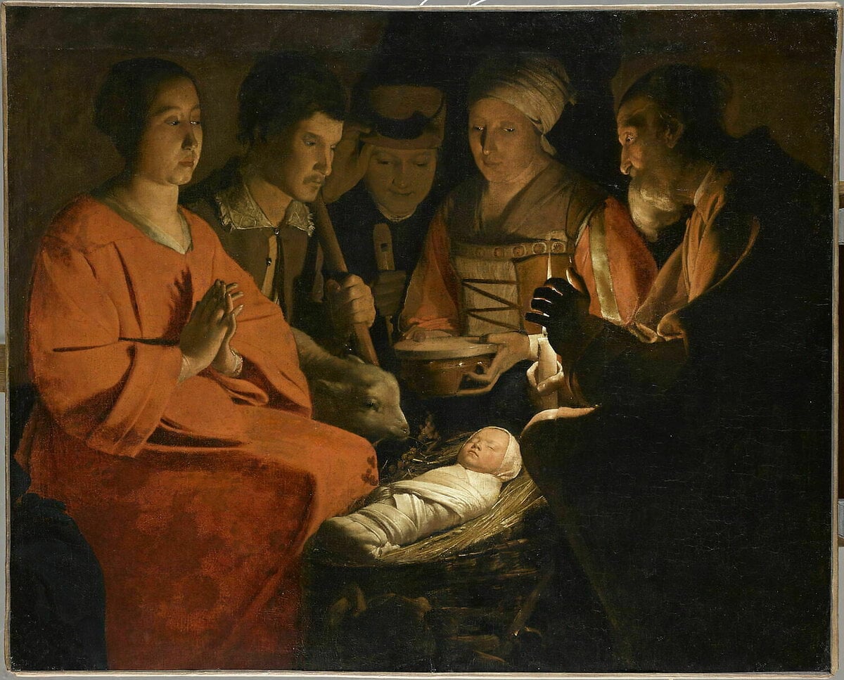 Georges de La Tour'un Çobanların Tapınması tablosu, kundaktaki bebek İsa'nın çevresinde çobanlar, yaklaşık 1644