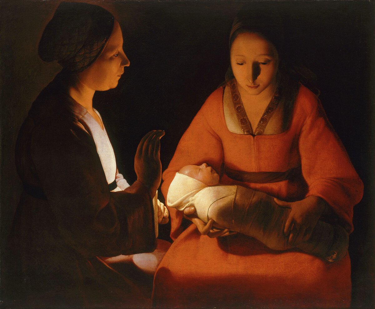 Georges de La Tour'un Yeni Doğan tablosu, kundaktaki bebeğe bakan genç anne ve mum tutan yaşlı kadın, yaklaşık 1645