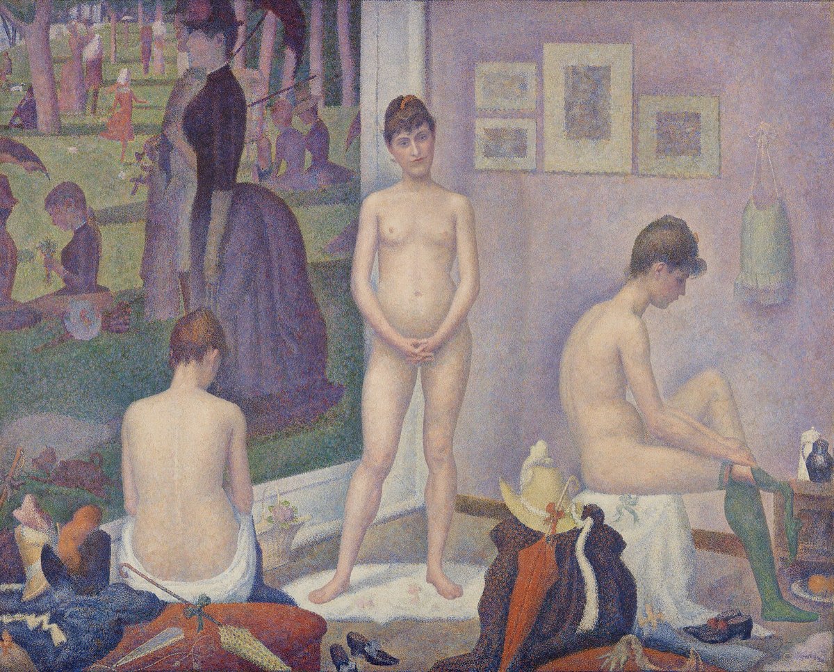 Seurat'nın Modeller tablosu: atölyede üç çıplak model, arkada Grande Jatte tablosu