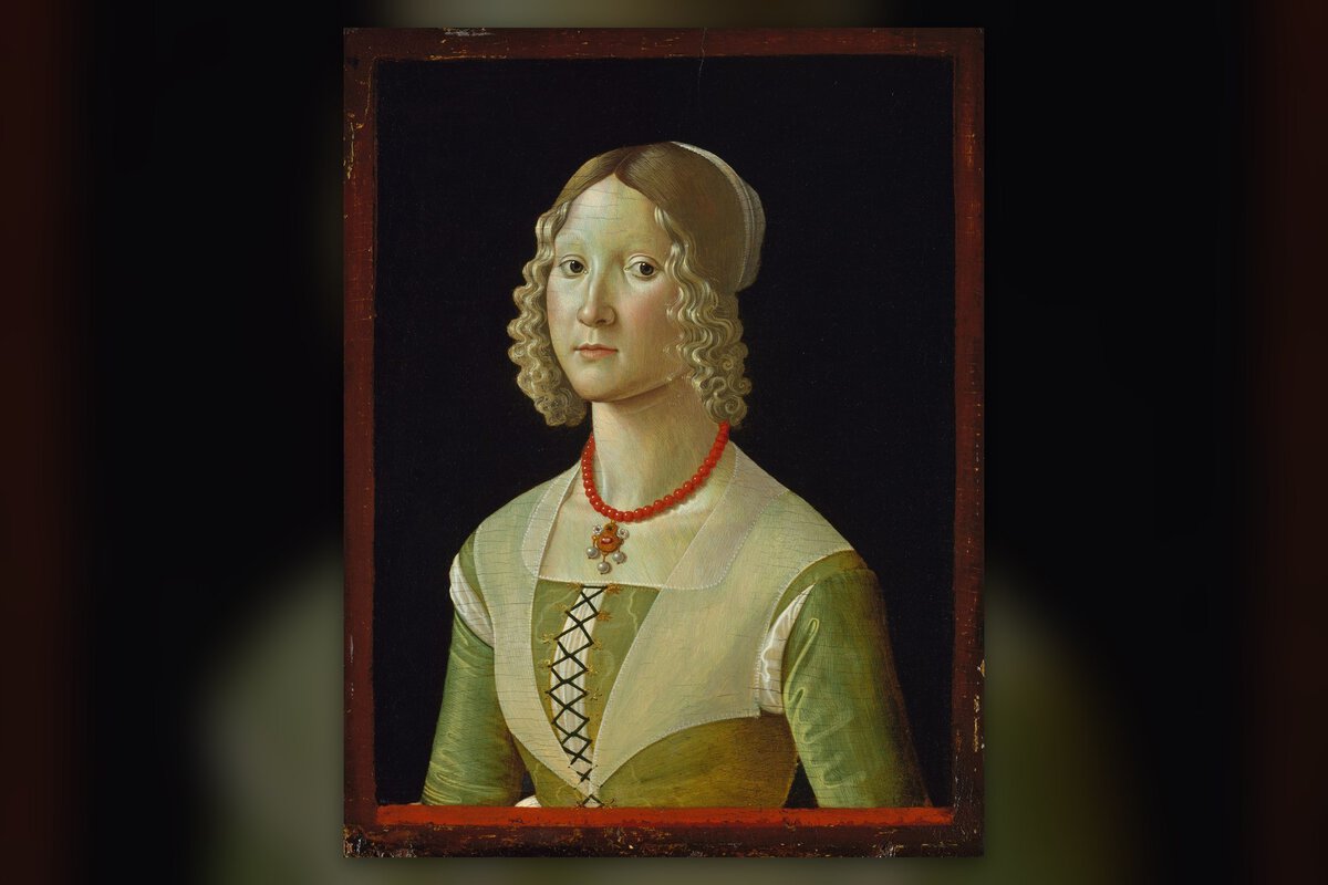 Davide Ghirlandaio, Selvaggia Sassetti portresi: kıvırcık sarı saçlı, beyaz başlıklı genç kadın, mercan kolye ve bağcıklı yeşil elbise, yaklaşık 1487–1488