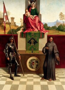 Giorgione'nin Castelfranco Sunağı: yüksek tahtta Meryem ve Çocuk İsa, iki yanda azizler, yaklaşık 1503–1504