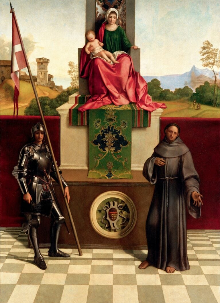 Giorgione'nin Castelfranco Sunağı: yüksek tahtta Meryem ve Çocuk İsa, iki yanda azizler, yaklaşık 1503–1504