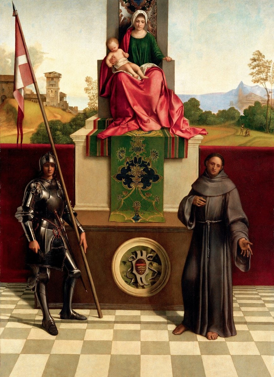 Giorgione'nin Castelfranco Sunağı: yüksek tahtta Meryem ve Çocuk İsa, iki yanda azizler, yaklaşık 1503–1504