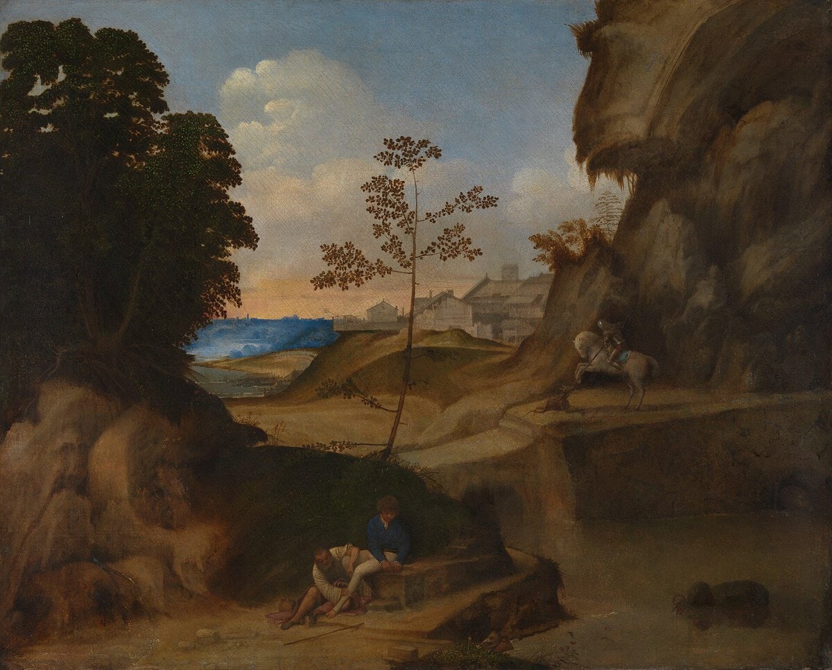 Giorgione'ye atfedilen Gün Batımı (Il Tramonto) tablosu: kayalık bir manzarada gün batımı ve figürler