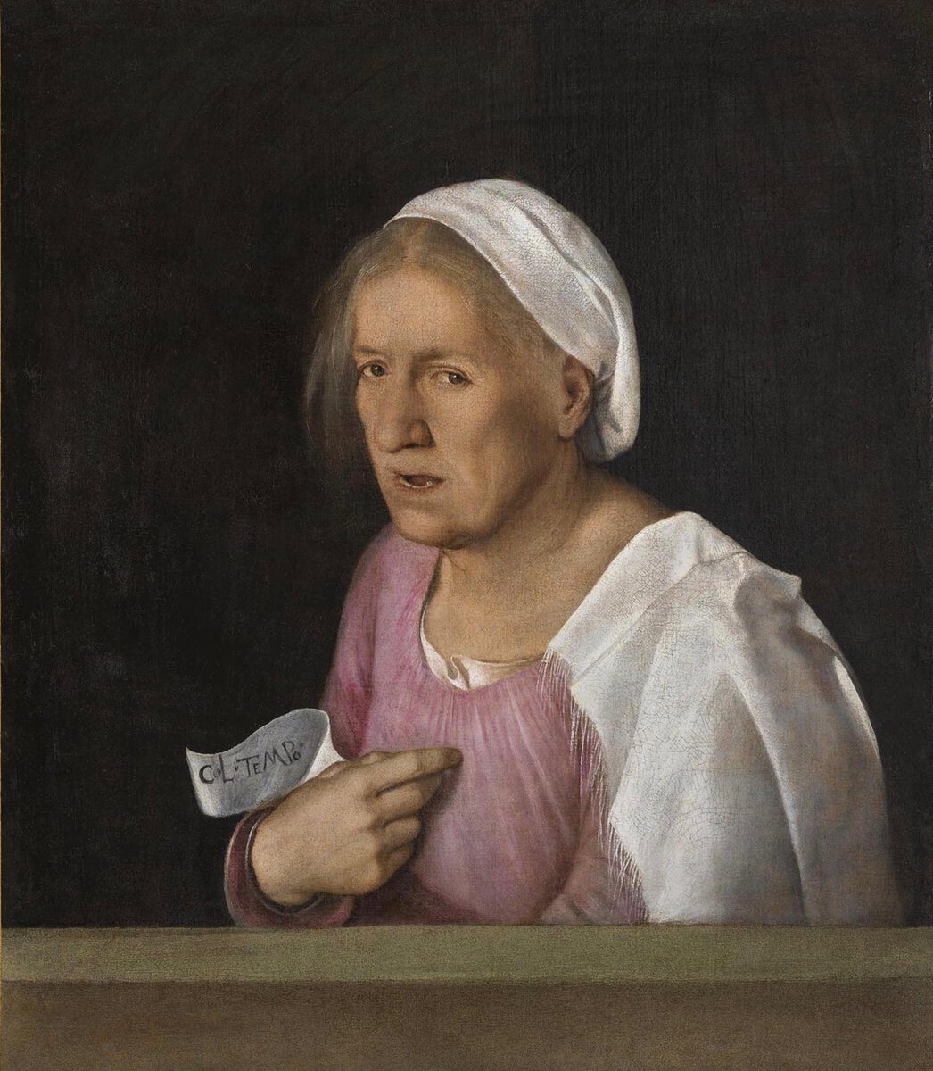 Giorgione'nin Yaşlı Kadın (La Vecchia) tablosu: elinde "col tempo" yazılı kağıt tutan yaşlı kadın