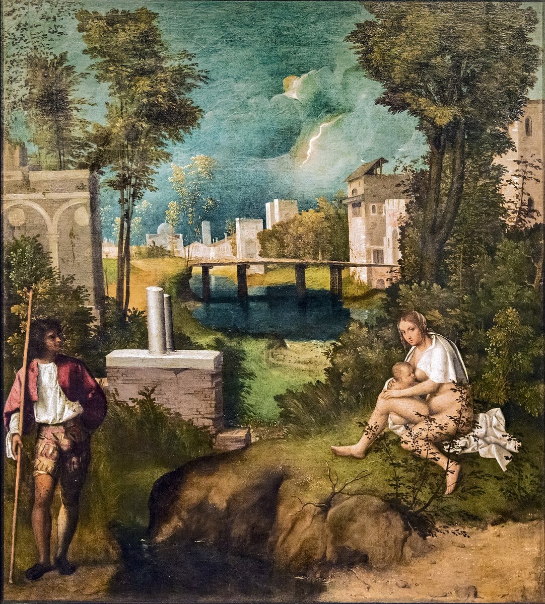 Giorgione'nin Fırtına (La Tempesta) tablosu: şimşek çakan gökyüzü altında asker ve çocuğunu emziren kadın