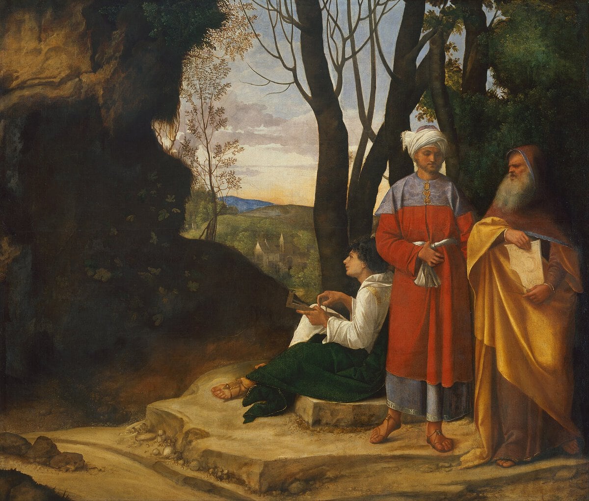 Giorgione'nin Üç Filozof tablosu: kayalık bir manzarada iki ayakta bir oturan üç adam, yaklaşık 1508–1509