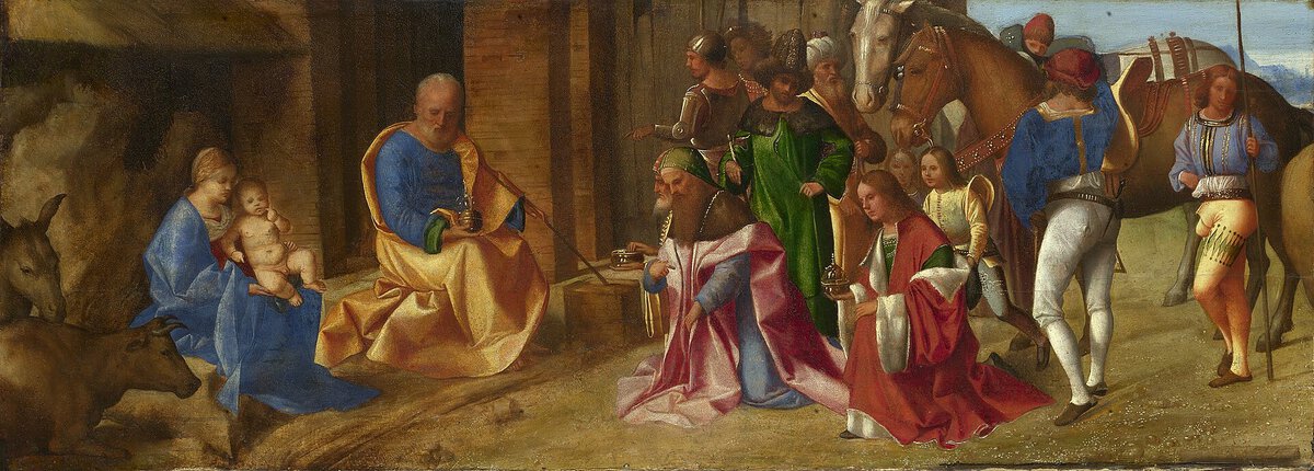 Giorgione'nin Kralların Tapınması tablosu: Kutsal Aile'ye hediye sunan üç kral ve kalabalık maiyetleri