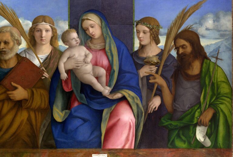 Giovanni Bellini ve atölyesi, Meryem, Çocuk İsa ve Azizler: kitaplı Aziz Petrus, palmiye dallı iki kadın aziz ve haçlı Vaftizci Yahya arasında Meryem, yaklaşık 1500