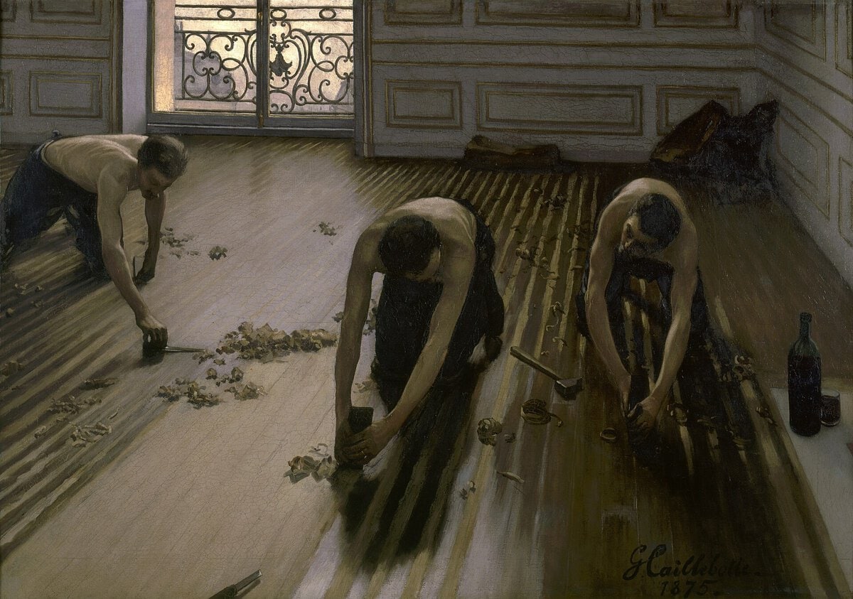Gustave Caillebotte'un Parke Rendeleyenler tablosu, 1875: zemini rendeleyen üç işçi