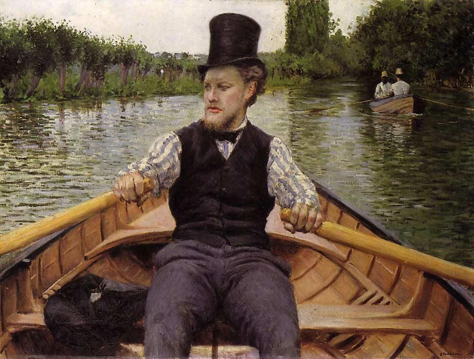 Gustave Caillebotte'un Tekne Gezisi tablosu, 1877–1878: silindir şapkalı kürekçi