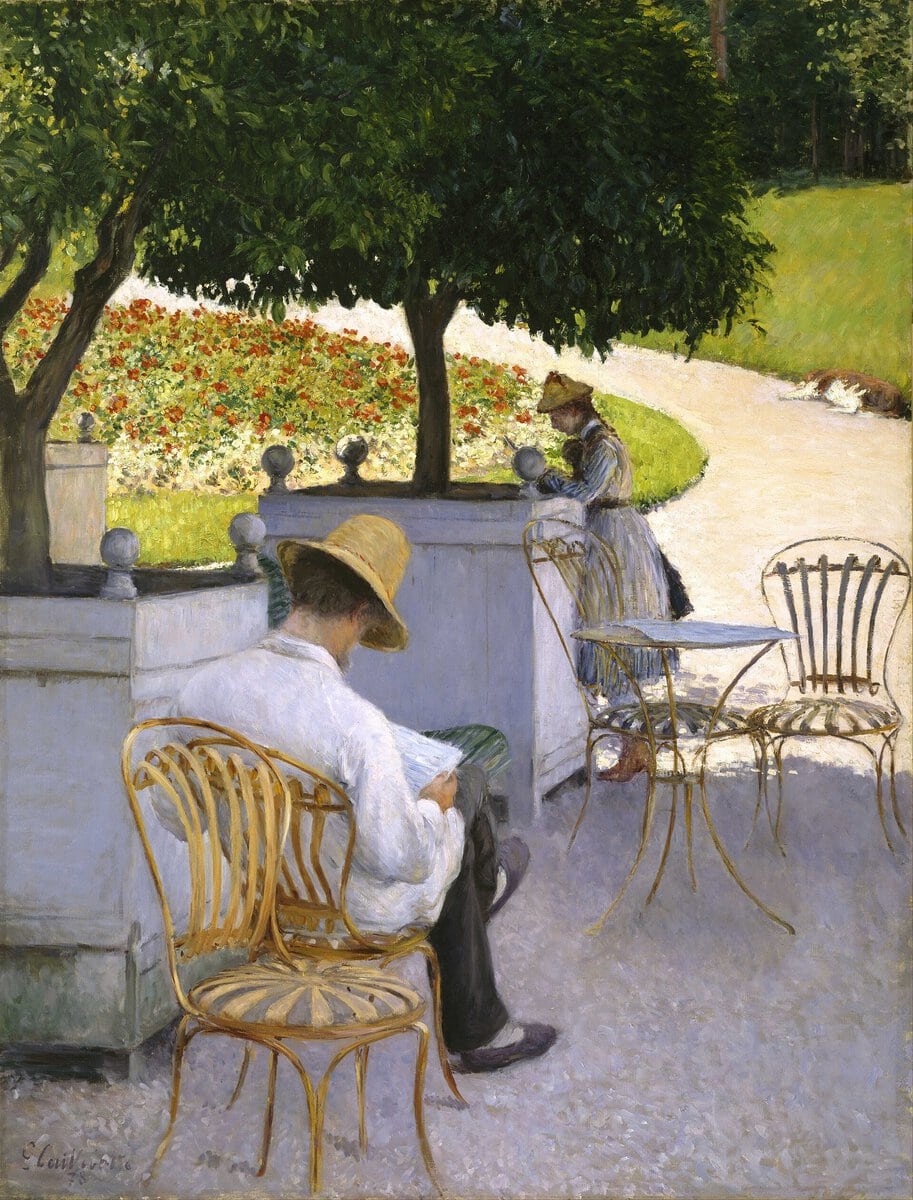 Gustave Caillebotte'un Portakal Ağaçları tablosu, 1878: bahçede dinlenen Martial ve Zoe