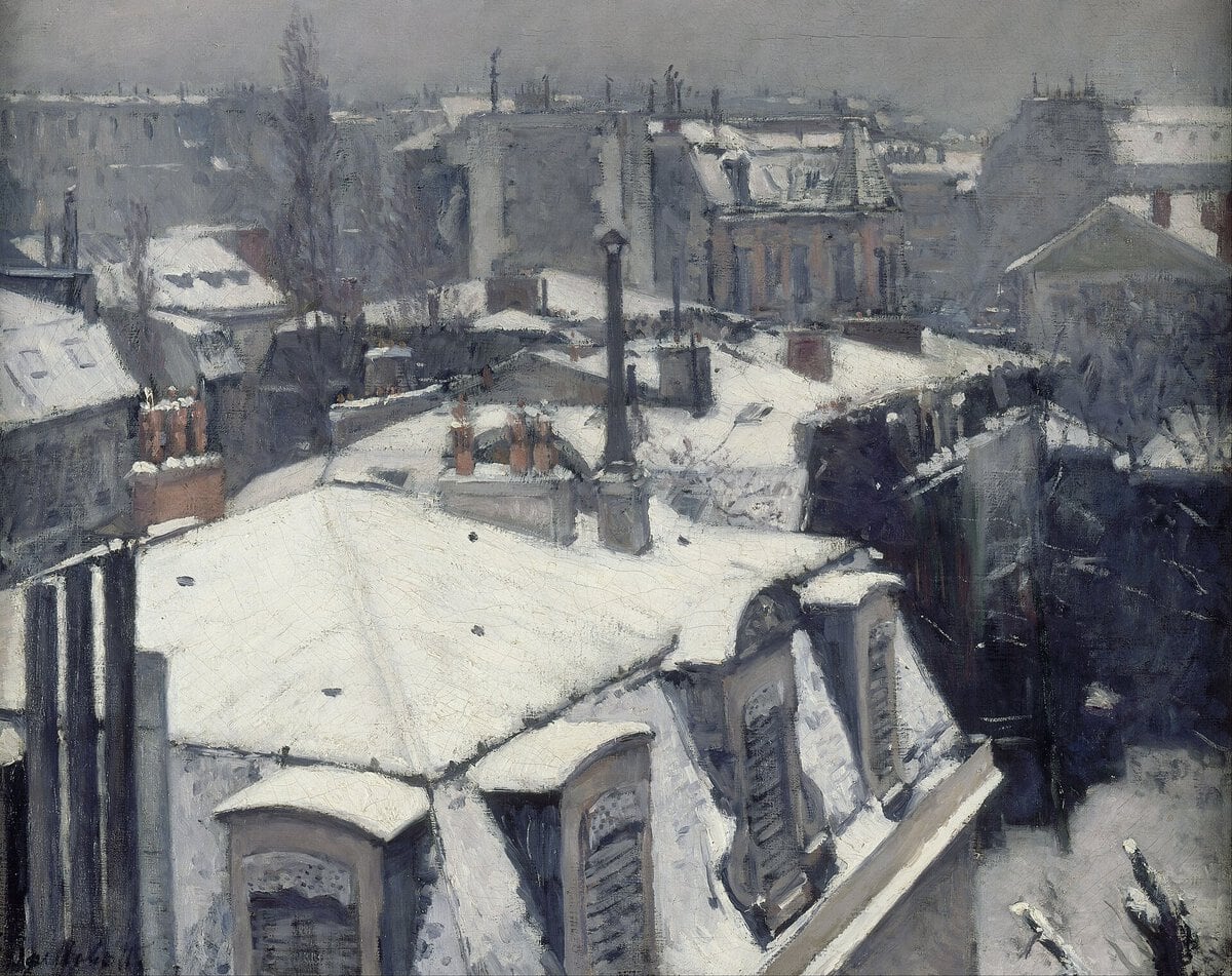 Gustave Caillebotte'un Çatılara Bakış, Kar Etkisi tablosu, 1878: karlı Paris çatıları
