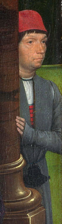 Donne Triptiği'nin sol kanadında kapı aralığından bakan adam, Hans Memling'in olası otoportresi, yaklaşık 1478