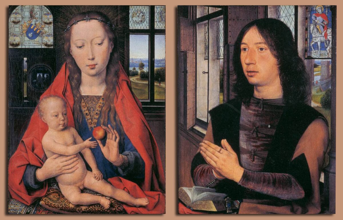 Hans Memling'in Maarten van Nieuwenhove Diptiği: solda elma tutan Meryem ve Çocuk İsa, sağda dua eden genç adam, 1487