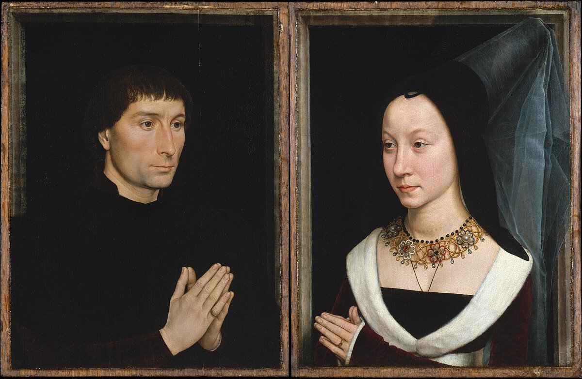 Hans Memling'in Tommaso Portinari ve eşi Maria Portinari'nin dua eden portreleri, yaklaşık 1470