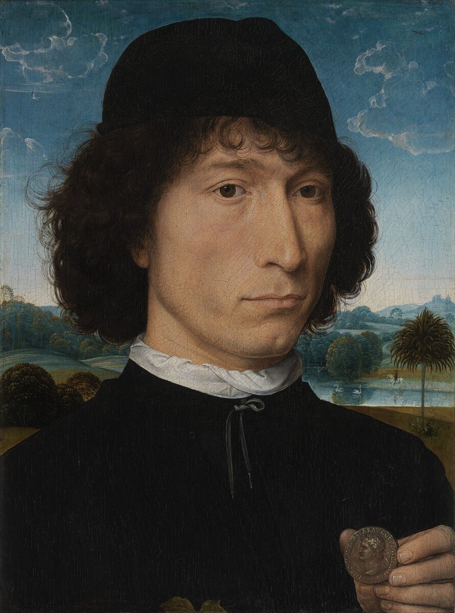 Hans Memling'in Roma sikkesi tutan adam portresi, arkada göl ve kuğular, yaklaşık 1474