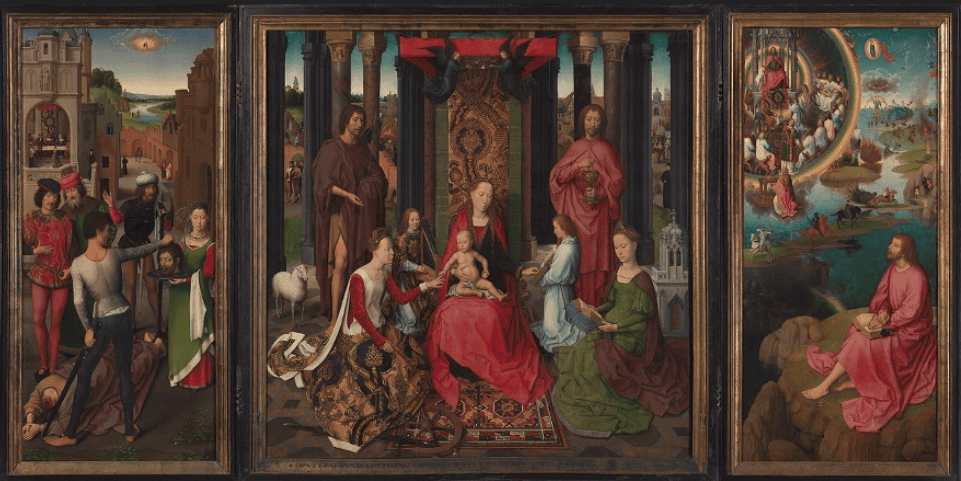 Hans Memling'in Vaftizci Yahya ve Havari Yuhanna Triptiği, ortada tahtta Meryem ve Çocuk İsa, 1479