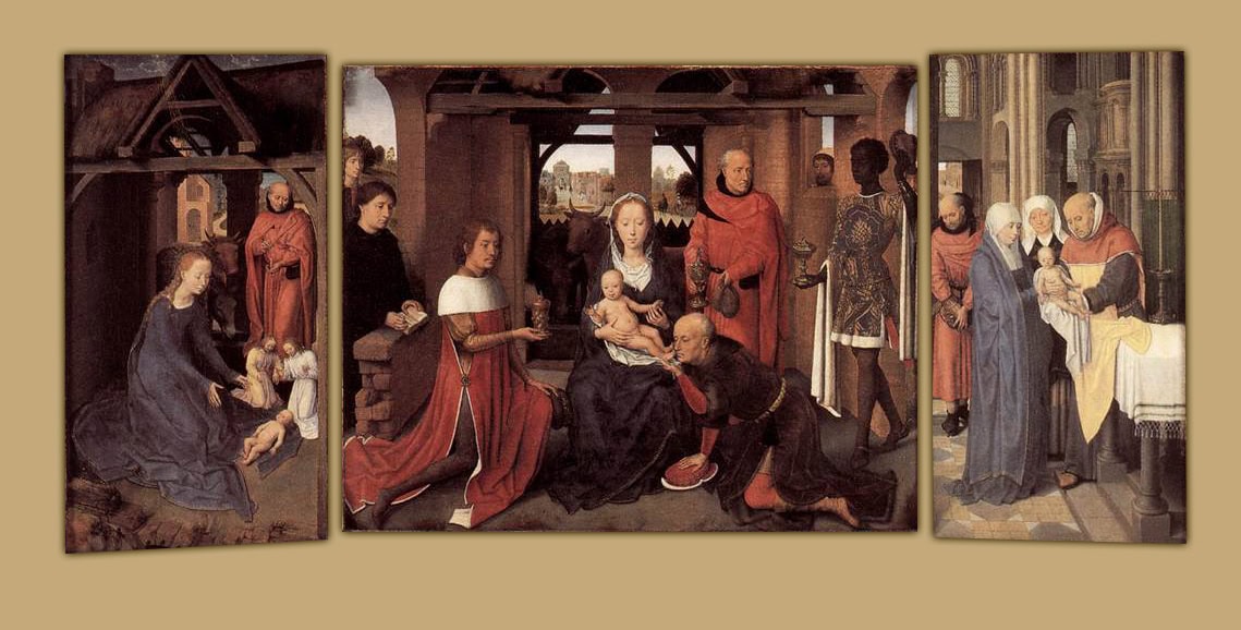Hans Memling'in Jan Floreins Triptiği: ortada Müneccimlerin Tapınması, kanatlarda Doğuş ve Tapınağa Takdim, 1479