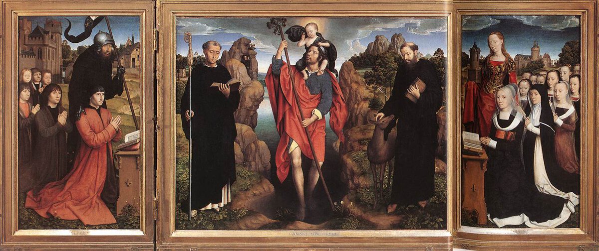 Hans Memling'in Moreel Triptiği: ortada Çocuk İsa'yı taşıyan Aziz Kristof, yanlarda Moreel ailesi, 1484