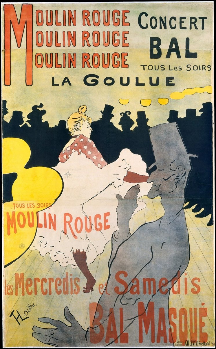 Toulouse-Lautrec'in Moulin Rouge La Goulue afişi: dans eden La Goulue, önde Valentin'in gri silueti
