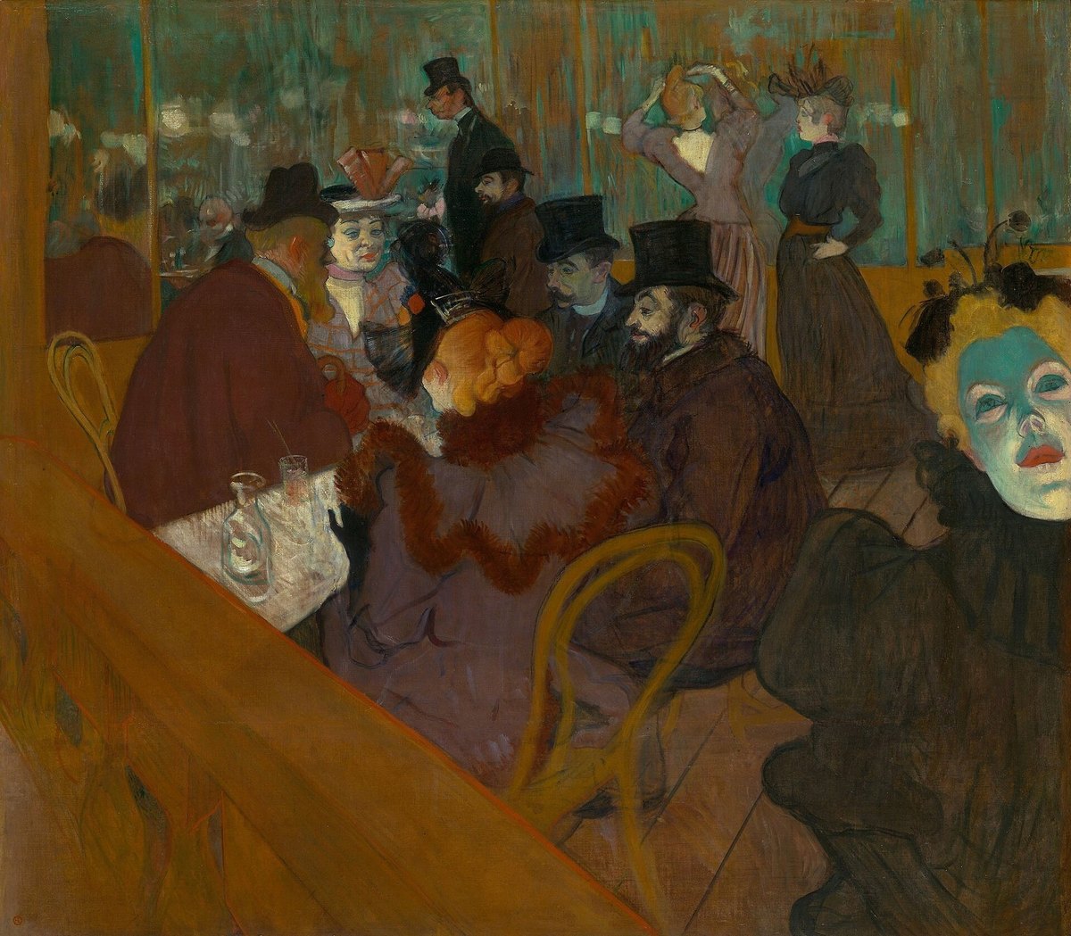 Toulouse-Lautrec'in Moulin Rouge'da tablosu: masa çevresinde müdavimler, sağda yeşil ışıklı kadın yüzü