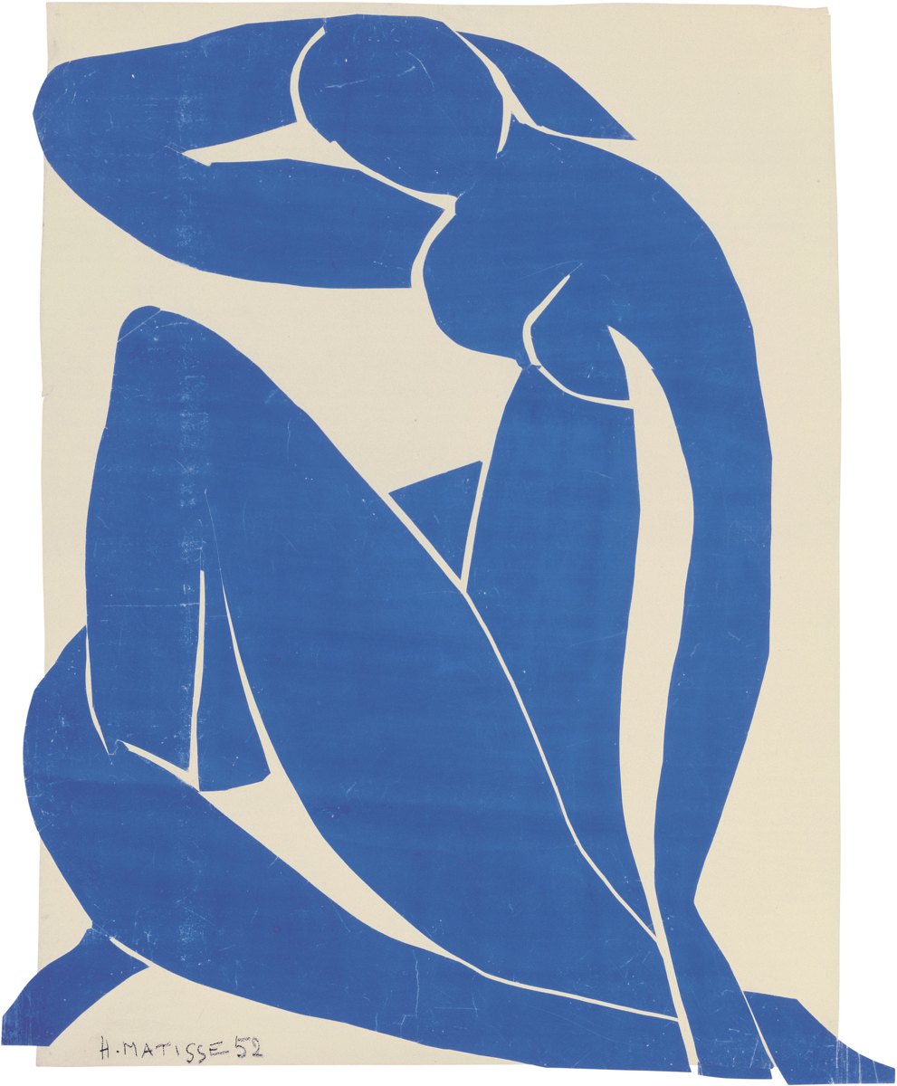 Matisse'in Mavi Nü II kağıt kesme eseri: mavi, oturan bir kadın figürü