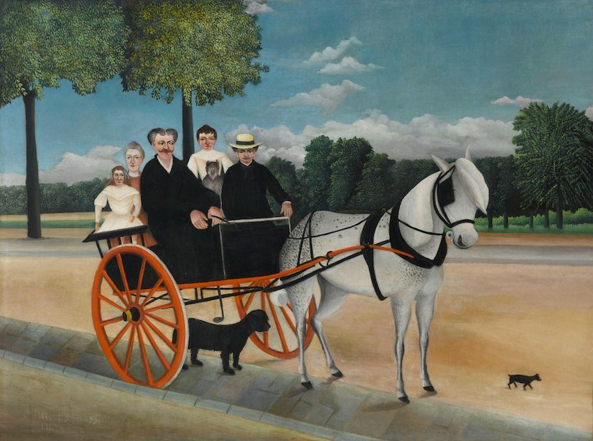 Henri Rousseau'nun Yaşlı Junier'in Arabası tablosu: beyaz atlı arabada bir aile