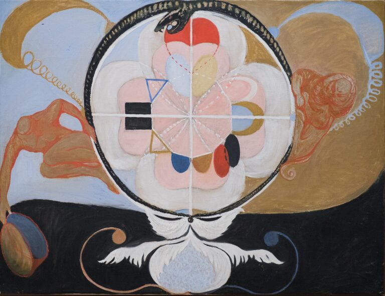 Hilma af Klint'in Evrim dizisinden 13 numaralı resim: siyah ve mavi zemin üzerinde daire, kanat ve yılan biçimleri, 1908