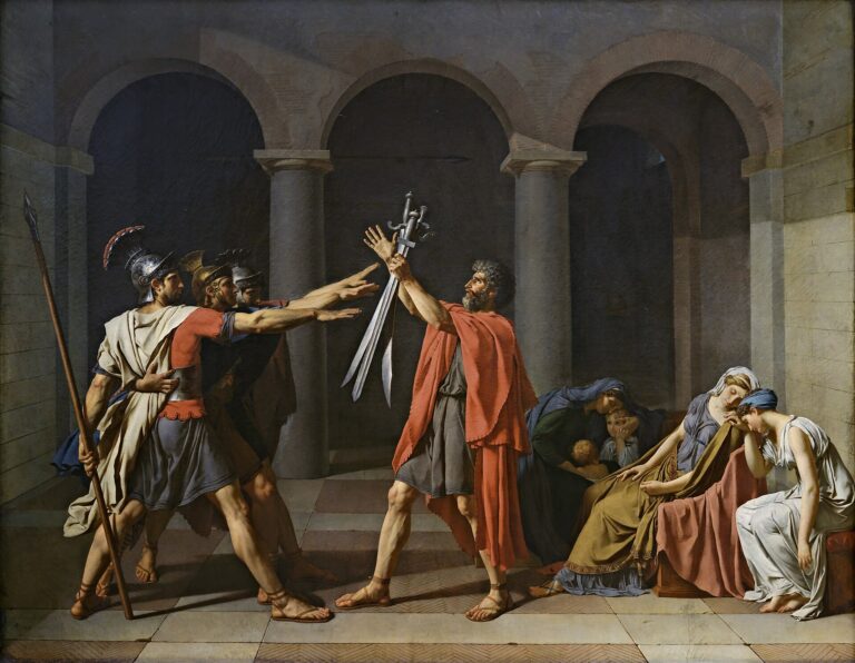 Jacques-Louis David'in Horatius Kardeşlerin Yemini tablosu: kılıçlara uzanan üç kardeş, kılıçları tutan baba ve sağda ağlayan kadınlar