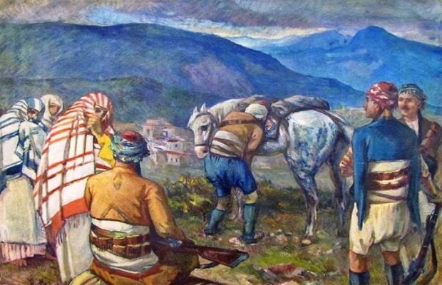 Zeybekler tablosu: Zeybekler, İbrahim Çallı: kıyafetleriyle zeybekler ve atlar