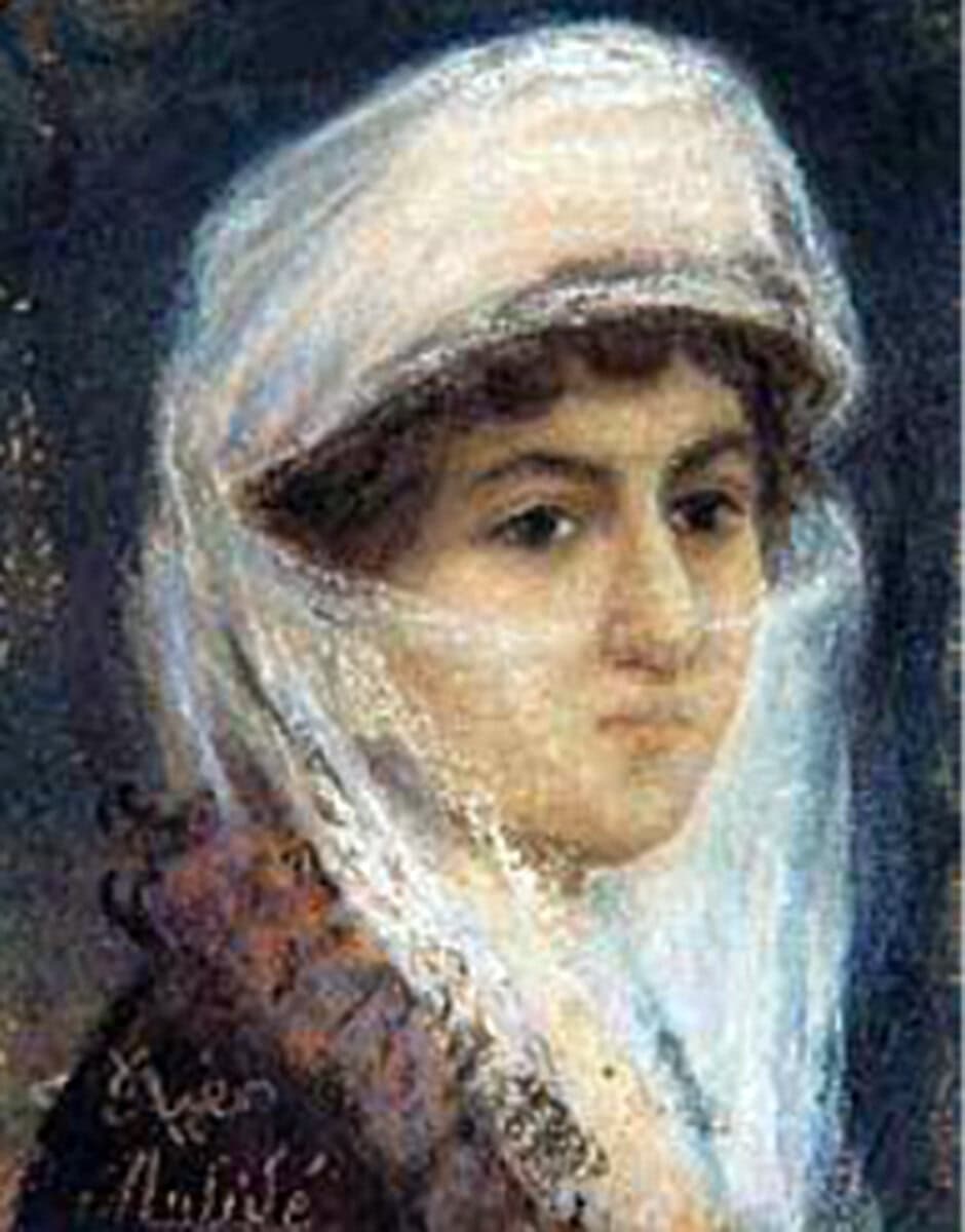 Müfide Kadri'nin beyaz başörtülü otoportresi