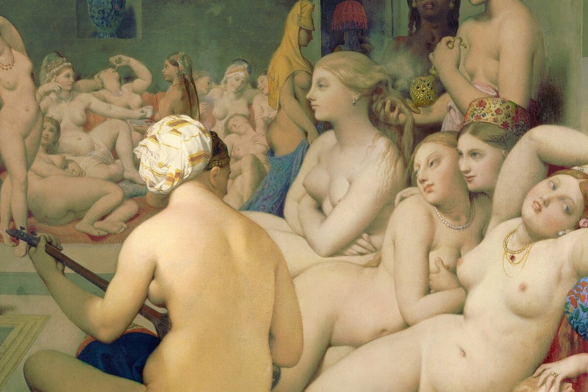 Jean-Auguste-Dominique Ingres, Türk Hamamı tablosundan ayrıntı: sırtı dönük saz çalan kadın ve hamamda uzanan çıplak kadınlar, 1862