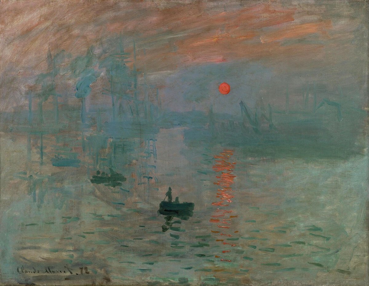 İzlenim Gün Doğumu: Monet'nin İzlenim, Gün Doğumu tablosu: sisli limanda turuncu güneş ve küçük kayıklar