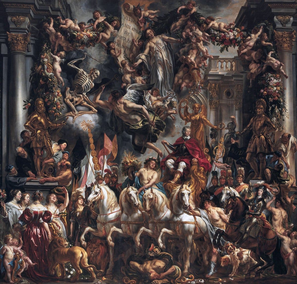 Jacob Jordaens'ın Frederik Hendrik'in Zaferi tablosu, dört beyaz atın çektiği altın arabada kırmızı pelerinli prens, 1652