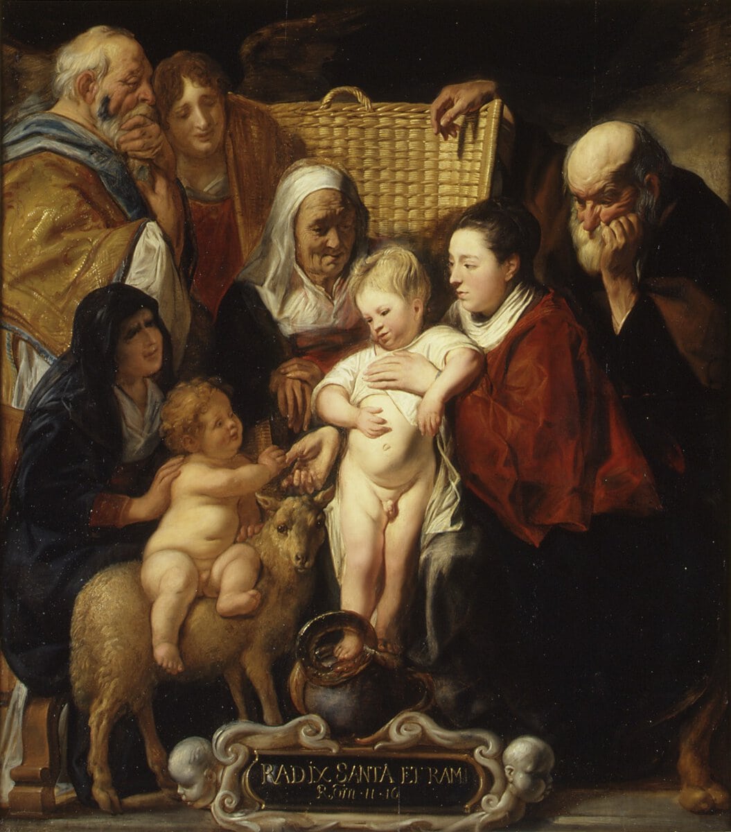 Jacob Jordaens'ın Azize Anna, Küçük Yahya ve Ailesiyle Kutsal Aile tablosu, ayakta duran çocuk İsa ve kuzuya binmiş küçük Yahya