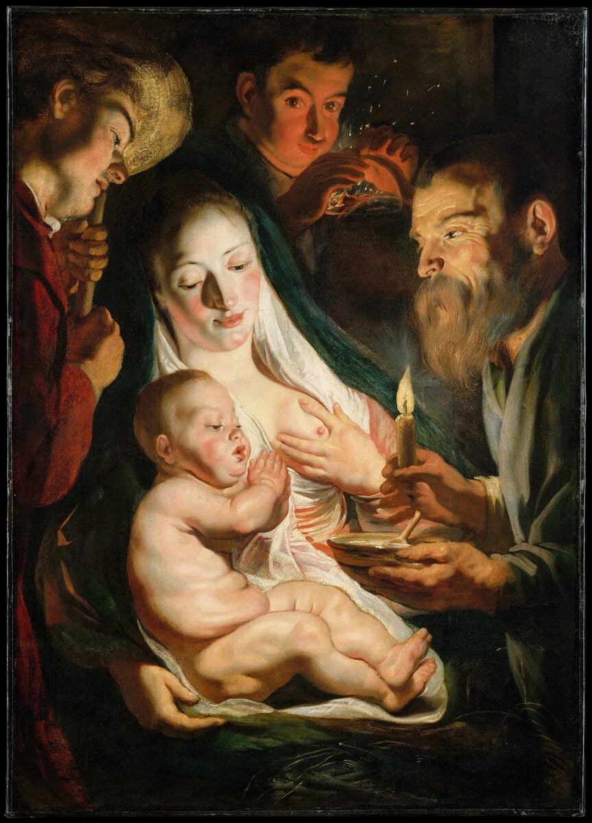 Jacob Jordaens'ın Kutsal Aile ve Çobanlar tablosu, mum ışığında bebek İsa'yı emziren Meryem, 1616