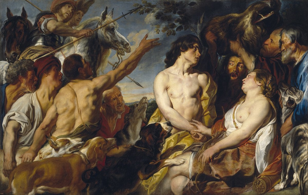 Jacob Jordaens'ın Meleagros ve Atalante tablosu, av ganimeti olan yaban domuzu başı ve avcılar, 1620–1623