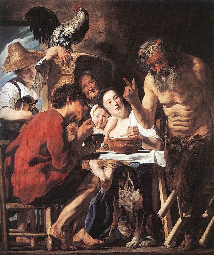 Jacob Jordaens'ın Satir ve Köylü tablosu, kaşığına üfleyen köylü ve parmağını kaldıran satir, yaklaşık 1620–1621