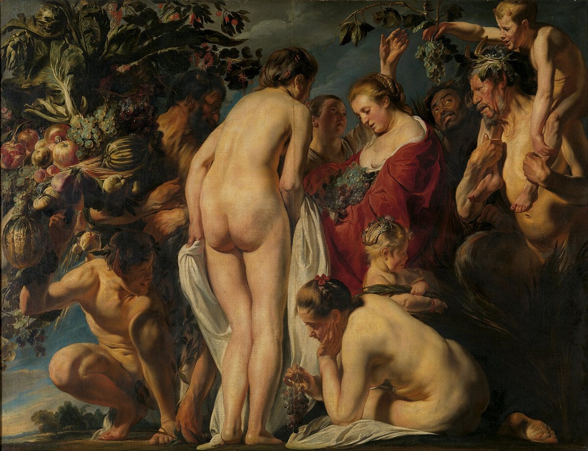 Jacob Jordaens'ın Toprağın Bereketi Alegorisi tablosu, meyve yığını, satirler ve çıplak kadın figürleri, yaklaşık 1623–1625