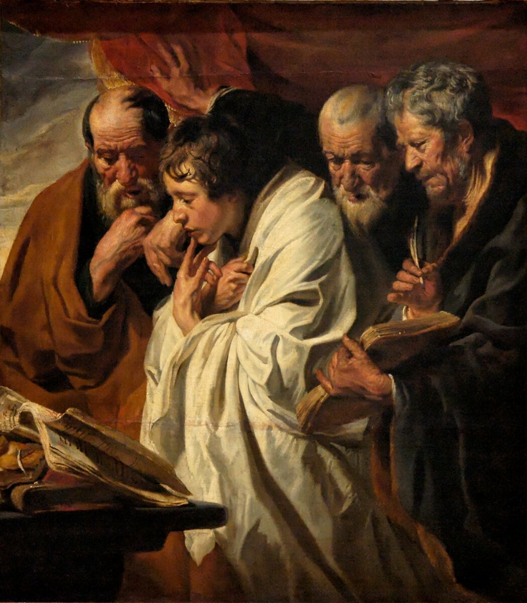 Jacob Jordaens'ın Dört İncil Yazarı tablosu, beyaz giysili genç Yuhanna ve üç yaşlı İncil yazarı, 1625–1630