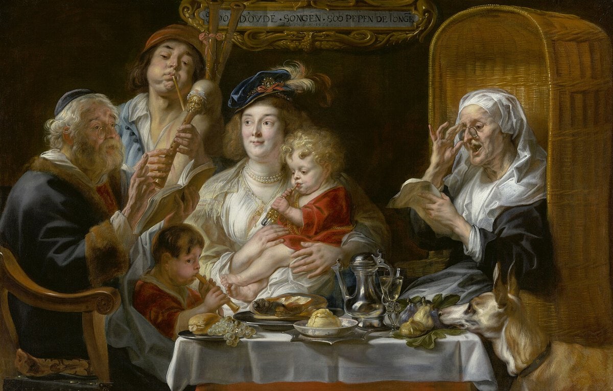 Jacob Jordaens'ın Yaşlılar Nasıl Söylerse Gençler Öyle Çalar tablosu, şarkı söyleyen ve çalgı çalan üç kuşak aile, 1638