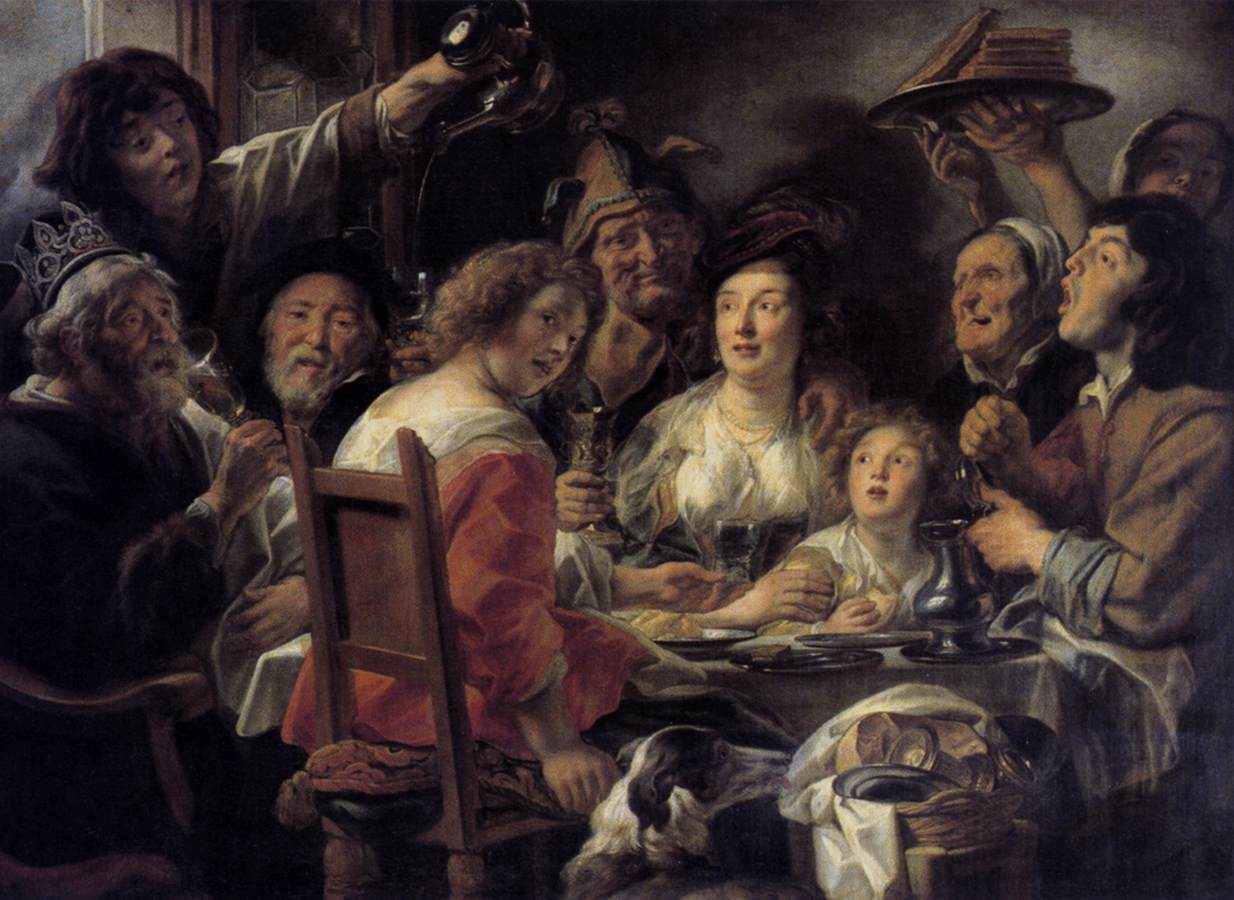 Jacob Jordaens'ın Kral İçiyor tablosu, Krallar Bayramı sofrasında taçlı yaşlı adam bardağını kaldırıyor, 1638–1640