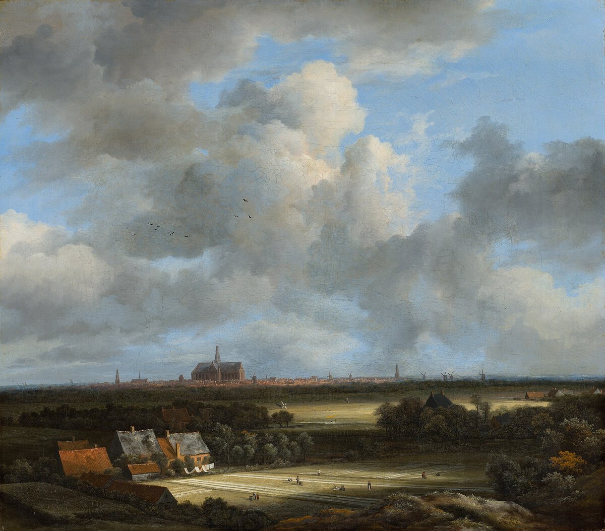 Jacob van Ruisdael'in Ağartma Tarlalarıyla Haarlem Görünümü tablosu: kumullardan görülen Haarlem silueti