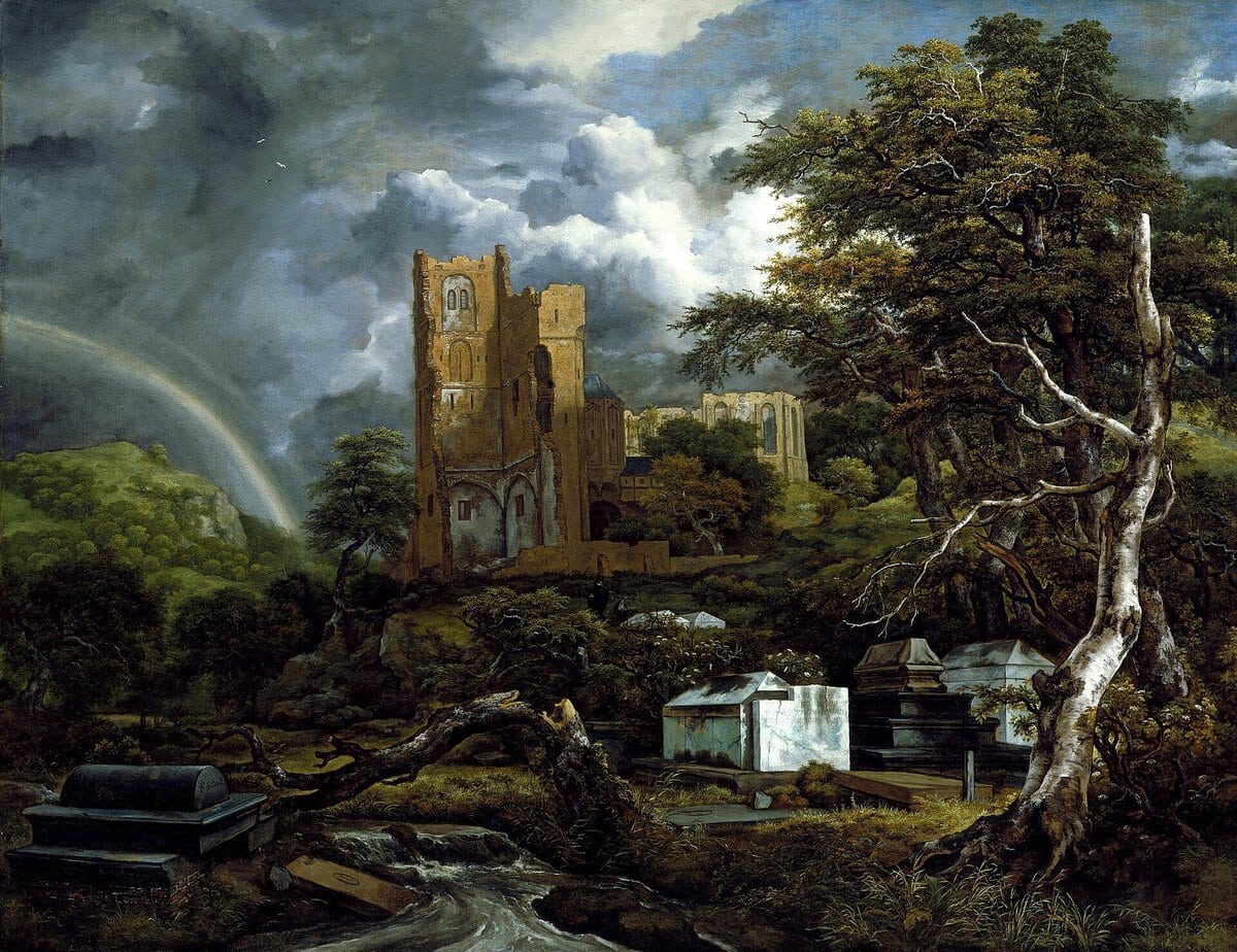 Jacob van Ruisdael'in Yahudi Mezarlığı tablosu: mezar taşları, yıkık kilise ve gökkuşağı