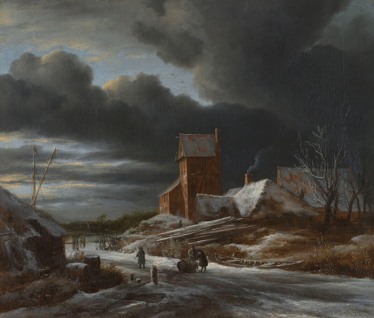Jacob van Ruisdael'in Kış Manzarası tablosu: karlı arazide donmuş su ve kara bulutlar