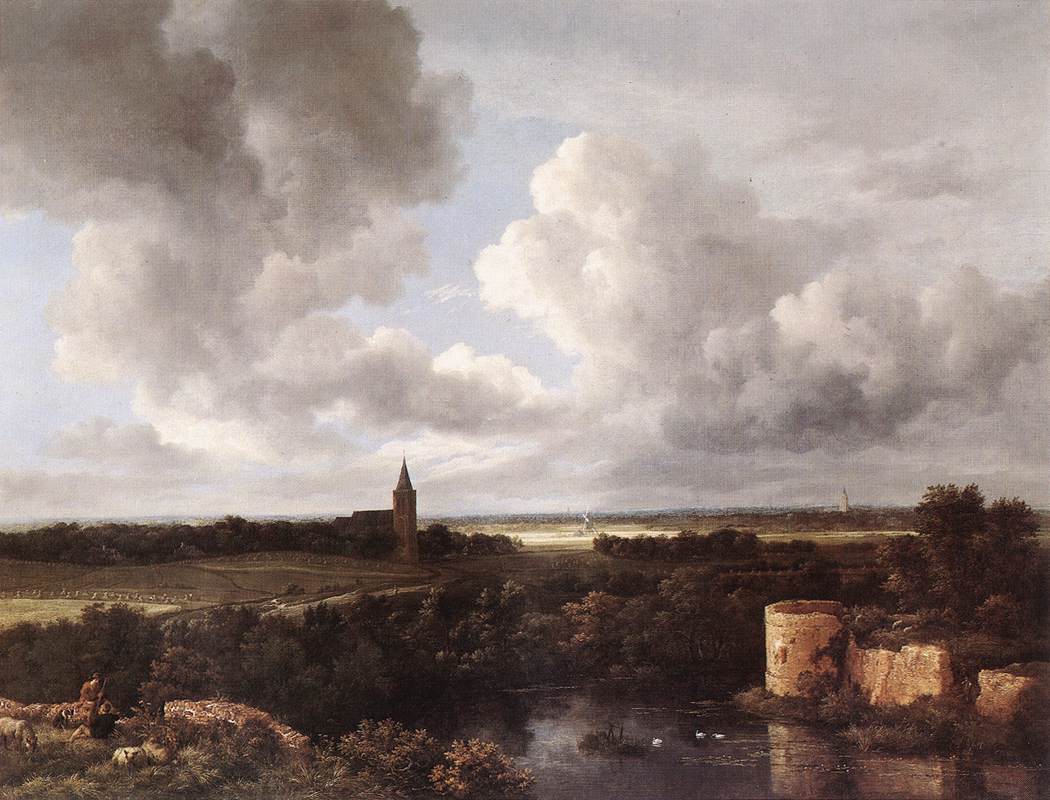 Jacob van Ruisdael'in Yıkık Kale ve Kiliseli Manzara tablosu: geniş ova üzerinde bulutlu gök