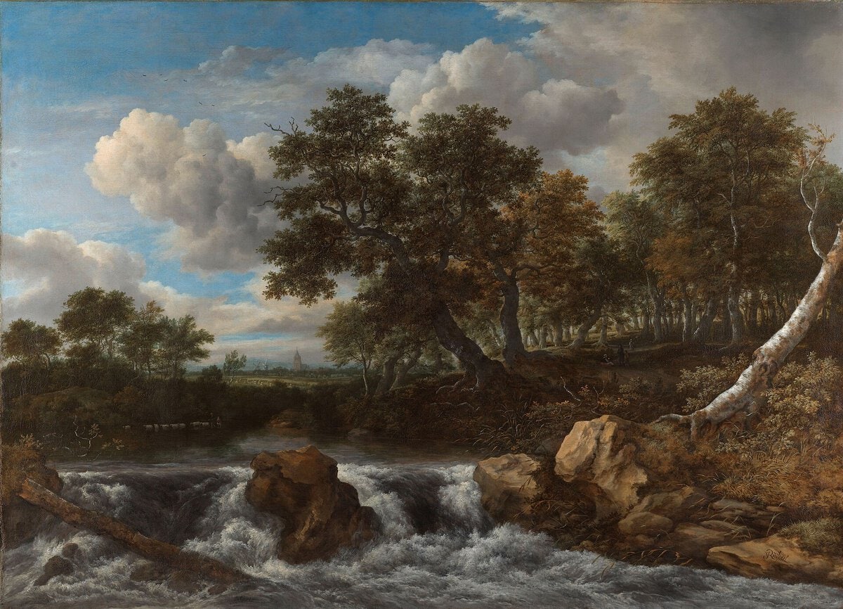 Jacob van Ruisdael'in Şelaleli Manzara tablosu: kayalardan akan şelale ve devrik ağaçlar